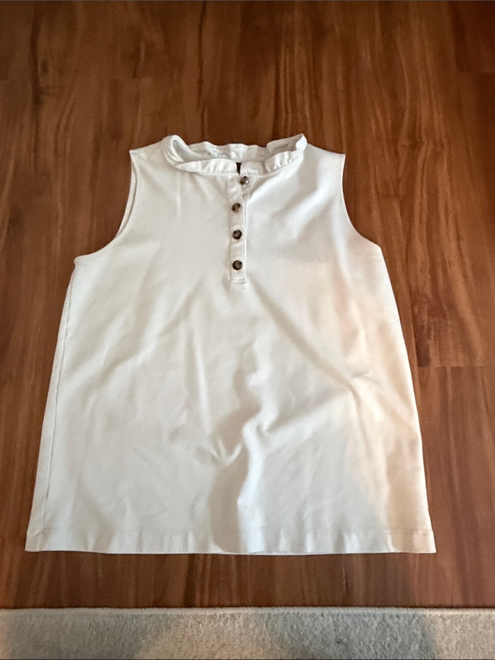 Ann Taylor White Sleeveless Henley Tank with Ruffle Neck
